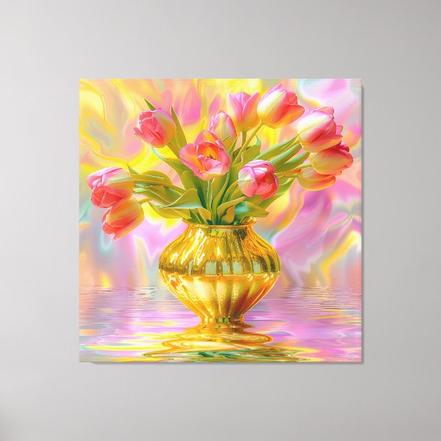Lebhafte rosa Tulips in der goldenen Vase Leinwanddruck (Vorderseite)