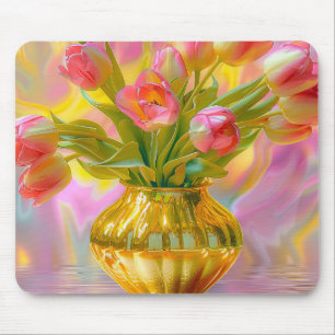 Lebhafte rosa Tulips in der goldenen Vase Mousepad