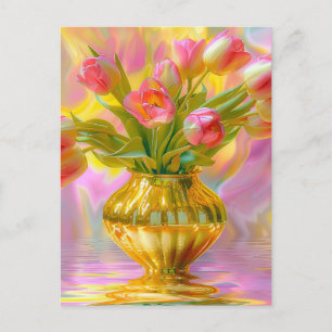 Lebhafte rosa Tulips in der goldenen Vase Postkarte