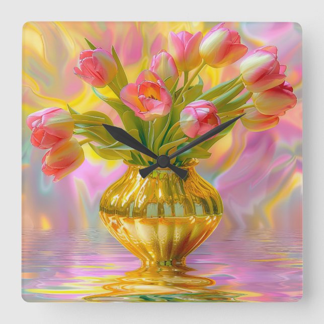 Lebhafte rosa Tulips in der goldenen Vase Quadratische Wanduhr (Vorderseite)