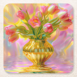 Lebhafte rosa Tulips in der goldenen Vase Rechteckiger Pappuntersetzer