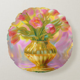 Lebhafte rosa Tulips in der goldenen Vase Rundes Kissen