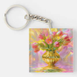 Lebhafte rosa Tulips in der goldenen Vase Schlüsselanhänger