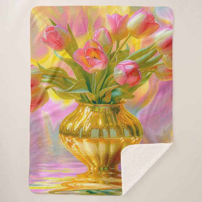Lebhafte rosa Tulips in der goldenen Vase Sherpadecke (Vorderseite)
