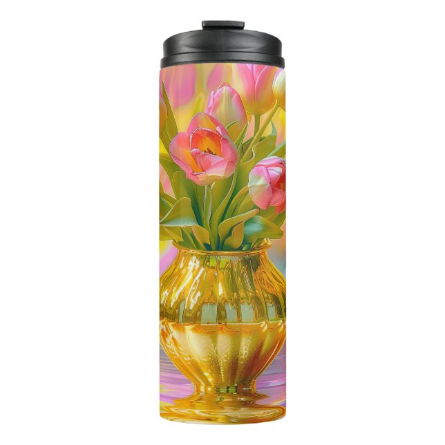 Lebhafte rosa Tulips in der goldenen Vase Thermosbecher (Vorderseite)