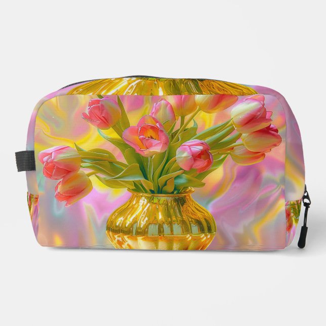 Lebhafte rosa Tulips in der goldenen Vase Waschbeutel (Vorderseite)