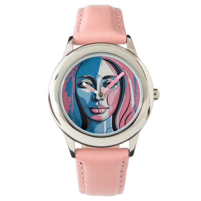 Lebhafte, rosa und blaue Abstrakte Gesichtskunst K Armbanduhr (Vorderseite)