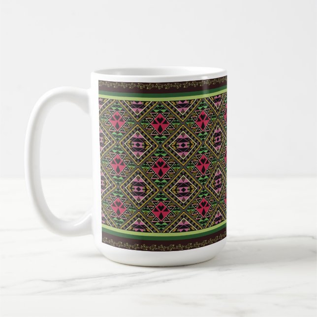 Lebhafte rosa und grüne Abstrakte Stoffe Kunst Kaffeetasse (Links)