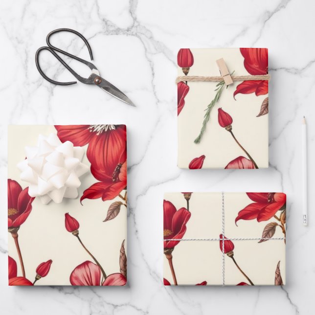 Lebhafte rote botanische Illustration Geschenkpapier Set (Vorderseite)