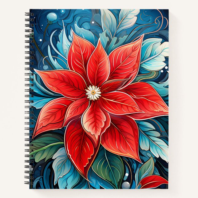 Lebhafte rote Poinsettia auf blauem Hintergrund Notizbuch (Vorderseite)