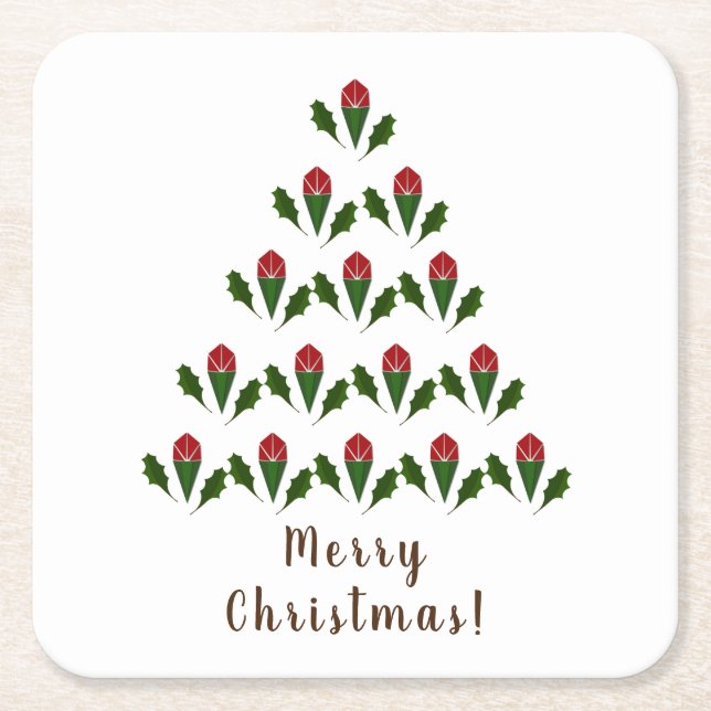 Lebhafte Rote Rosen, Holly Christmas Tree & Wish Rechteckiger Pappuntersetzer (Vorderseite)