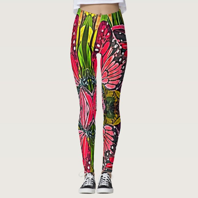 Lebhafte rote Schmetterlinge Leggings (Vorderseite)