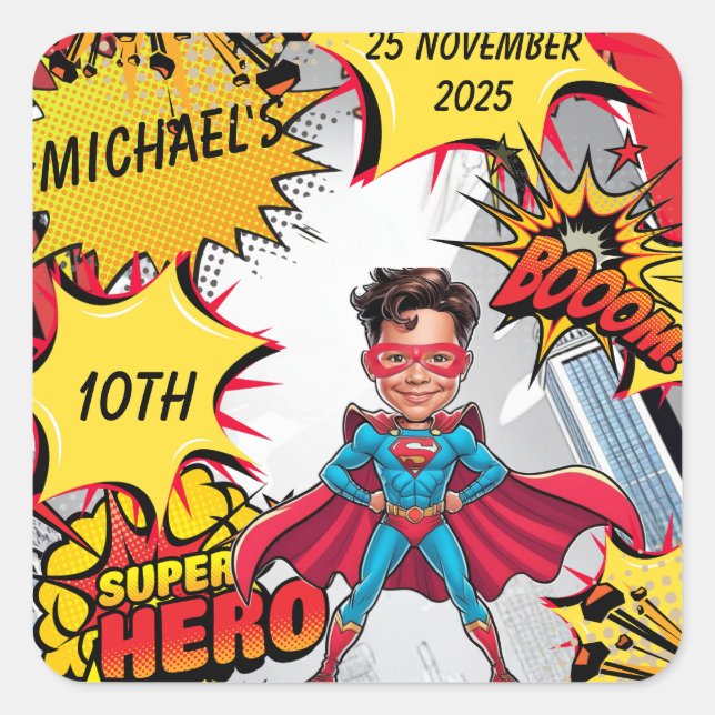Lebhafte rote und gelbe Superheldenkarikatur Quadratischer Aufkleber (Vorderseite)