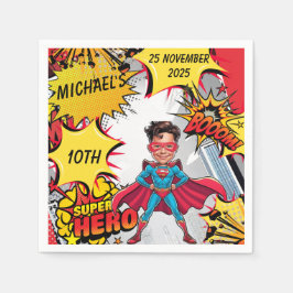 Lebhafte rote und gelbe Superheldenkarikatur Serviette