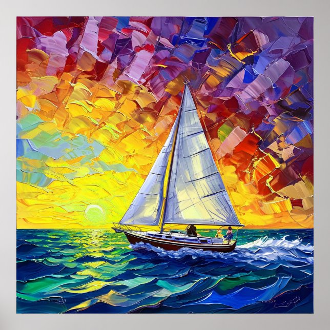 Lebhafte Sailboat-Reise durch farbenfrohen Sonnenu Poster (Vorne)