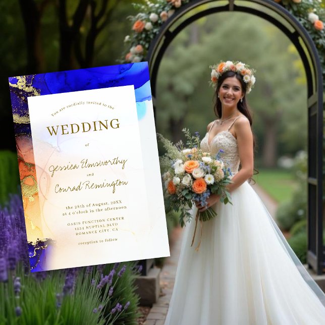 Lebhafte Sapphire Blue Gold Orange Wedding Einladung (Vibrant Sapphire Blue Gold Orange Wedding Invitation. Model is AI Gen.)
