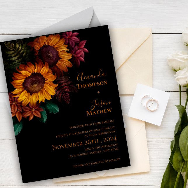 Lebhafte Schwarz Burnt Orange Floral Moderne Hochz Einladungspostkarte (Vibrant Black Burnt Orange Floral Modern Wedding Invitation Postcard)