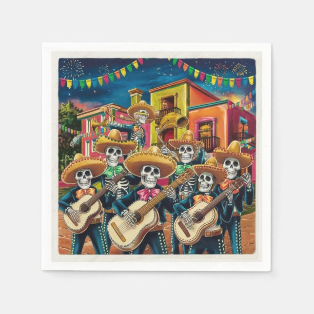 Lebhafte Skeleton Mariachi Band Día de Los muertos Serviette (Vorderseite)