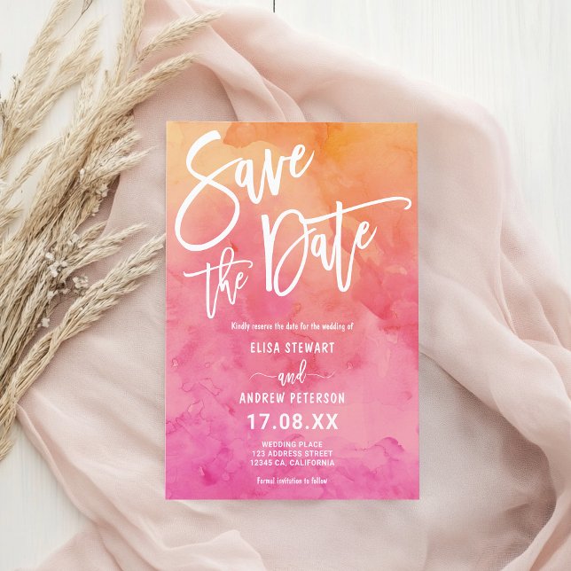 Lebhafte Sommerpink-Orangefarbene Hochzeit Save The Date (Vibrant Summer Pink Orange Watercolor Wedding Save The Date)