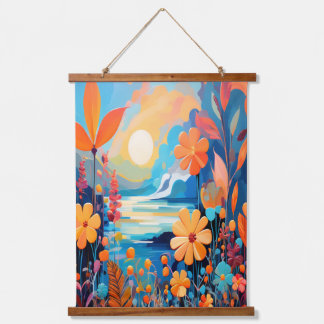 Lebhafte Sonnenuntergänge, florale Landschaft Kuns Wandteppich Mit Holzrahmen