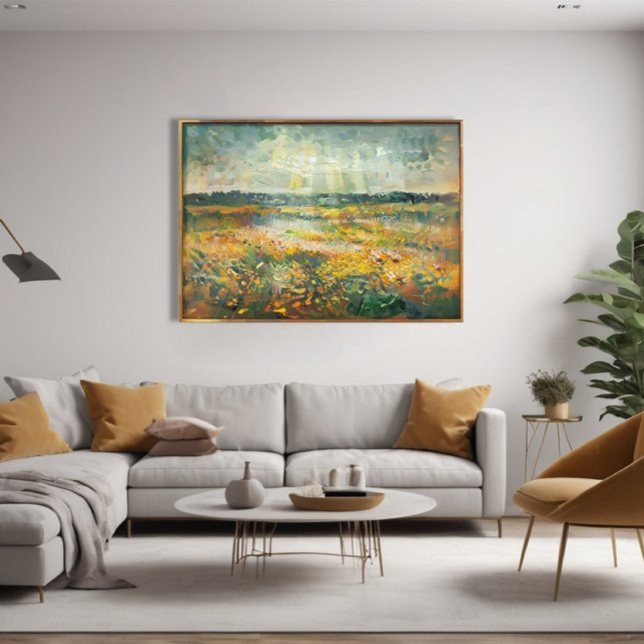 Lebhafte Spätsommerlandschaft Impressionist Leinwanddruck (Bring the warmth of late summer into your home with this stunning impressionist-style abstract field)
