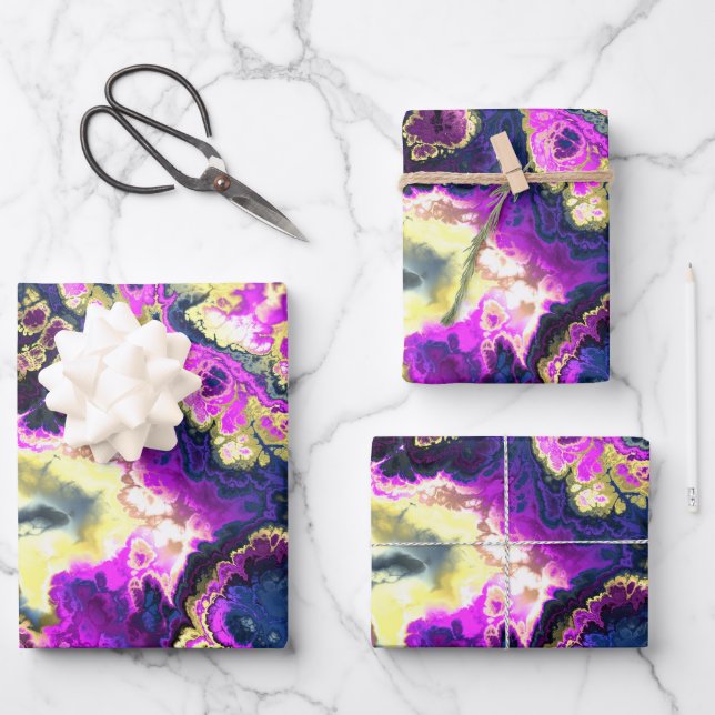 Lebhafte Trippy Boho Hippie Fraktal Marmorroute Geschenkpapier Set (Vorderseite)