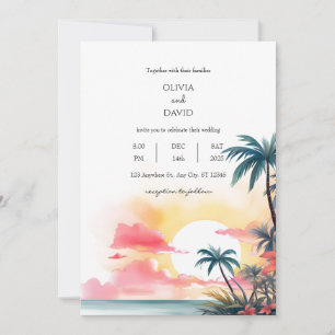 Lebhafte Tropical Sunset Ocean Palm Foliage Hochze Einladung