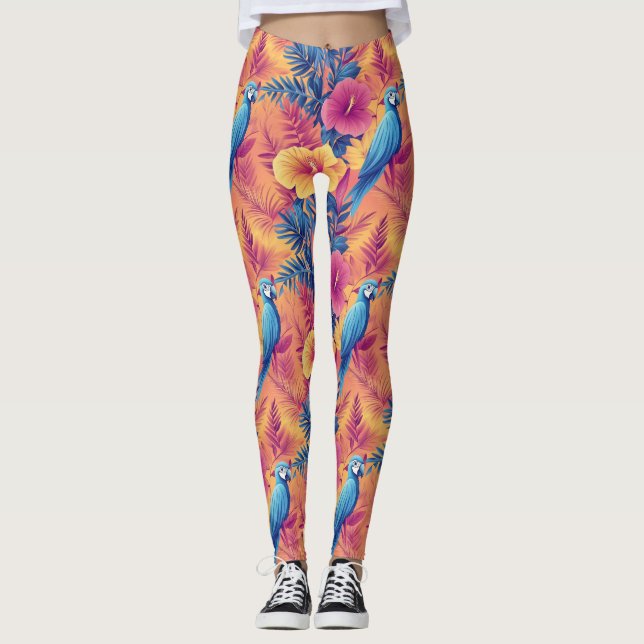 Lebhafte tropische Blätter und Parrots Sommermuste Leggings (Vorderseite)