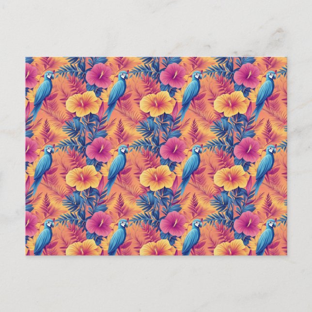 Lebhafte tropische Blätter und Parrots Sommermuste Postkarte (Vorderseite)