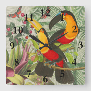 Lebhafte tropische Vögel Kunst Exotischer Dschunge Quadratische Wanduhr
