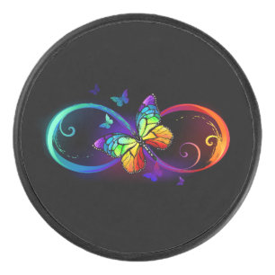 Lebhafte Unendlichkeit mit Regenbogenschmetterling Eishockey Puck