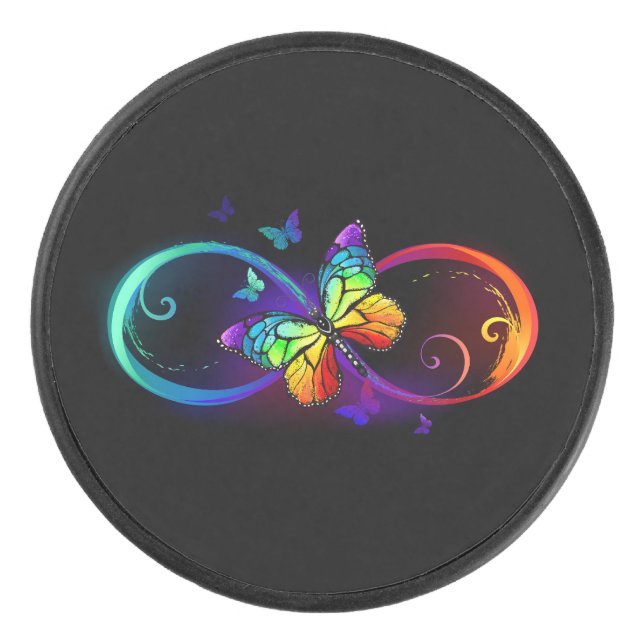 Lebhafte Unendlichkeit mit Regenbogenschmetterling Eishockey Puck (Vorderseite)