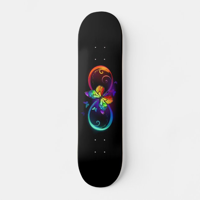 Lebhafte Unendlichkeit mit Regenbogenschmetterling Skateboard (Vorderseite)
