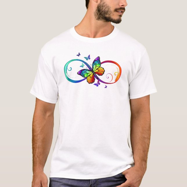 Lebhafte Unendlichkeit mit Regenbogenschmetterling T-Shirt (Vorderseite)