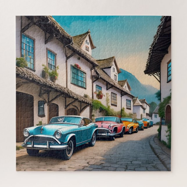Lebhafte Vintage-Autos in einer gepflasterten Stra Puzzle (Vertikal)