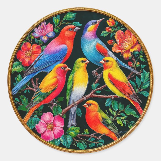 Lebhafte Vögel, die an blühenden Branchen festgeha Runder Aufkleber (Vorderseite)