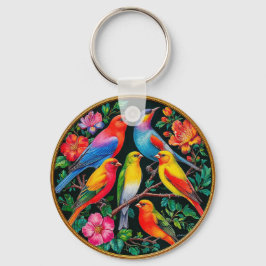 Lebhafte Vögel, die an blühenden Branchen festgeha Schlüsselanhänger