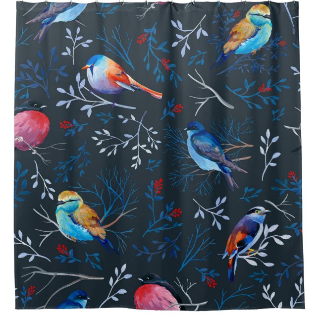 Lebhafte Vögel: Gouache Dark Elegance Duschvorhang (Vorderseite)
