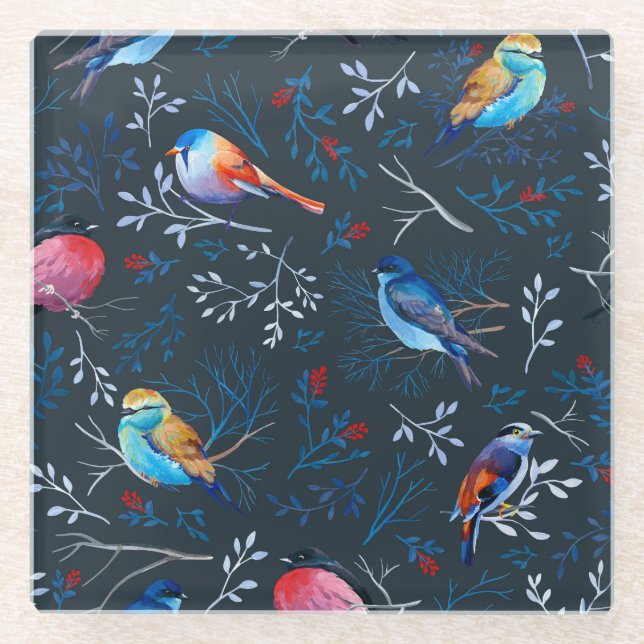 Lebhafte Vögel: Gouache Dark Elegance Glasuntersetzer (Vorderseite)