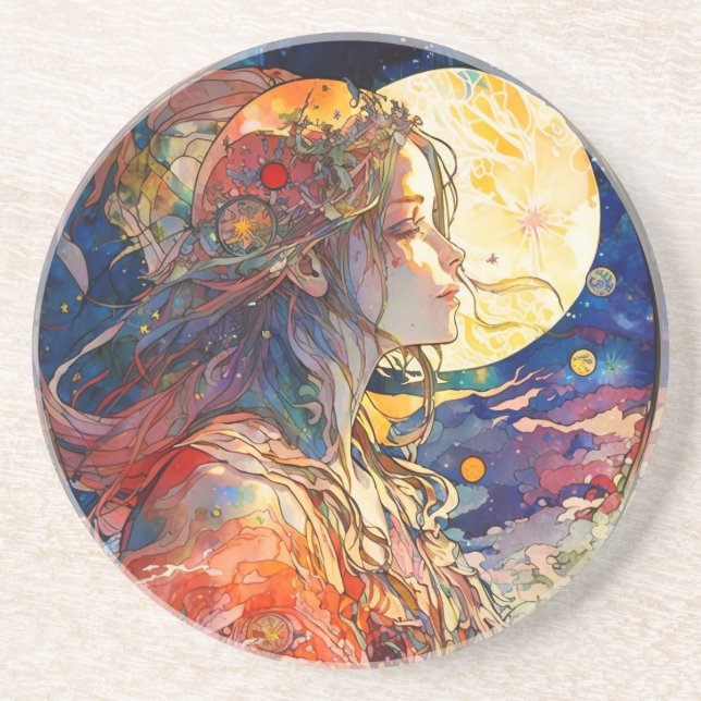 Lebhafte Wasserfarbe von Mädchen und Mond Getränkeuntersetzer (Vorne)