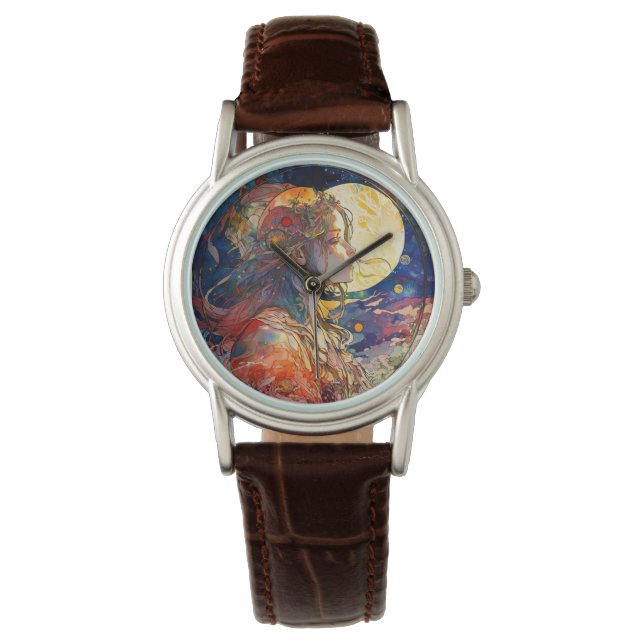 Lebhafte Wasserfarbe von Mädchen und Mond Watch Armbanduhr (Vorderseite)
