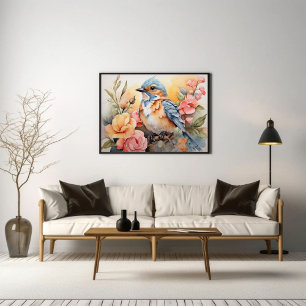 Lebhafte Wasserfarben Bird Flora Art Inspiriert Poster