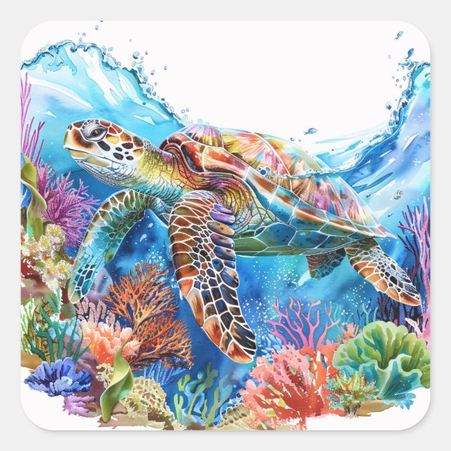 Lebhafte Wasserfarbenschildkröte Quadratischer Aufkleber (Vorderseite)