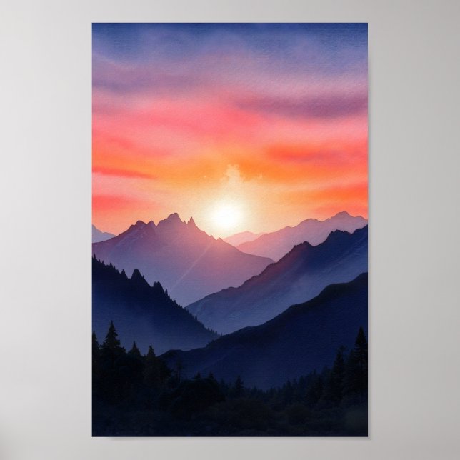 Lebhafte Watercolor Mountain Sonnenuntergang Maler Poster (Vorne)