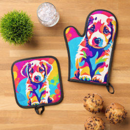 Lebhafte Welpenkunst Ofenhandschuh & Topflappen-Set
