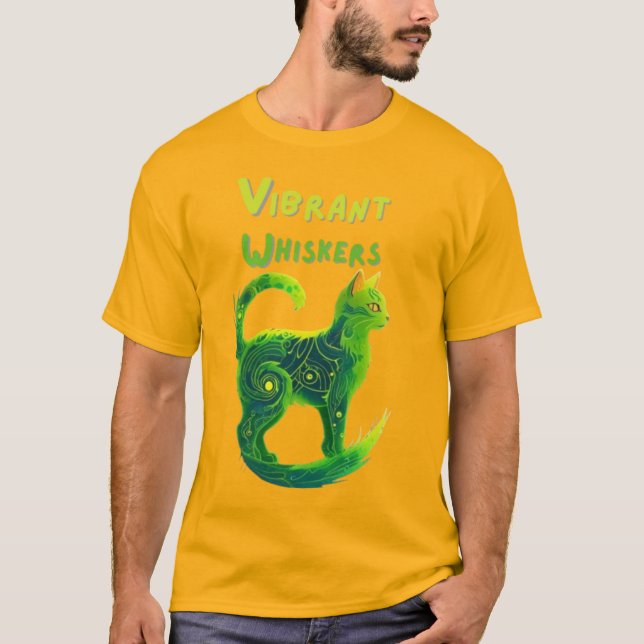 Lebhafte Whiskers: Hellgrüne und gelbe Katze Kunst T-Shirt (Vorderseite)