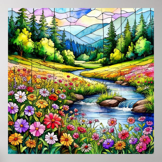 Lebhafte Wiese mit blühenden Wildblumen Poster (Vorne)