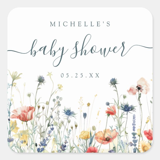 Lebhafte Wildblume Babydusche Quadratischer Aufkleber (Vorderseite)