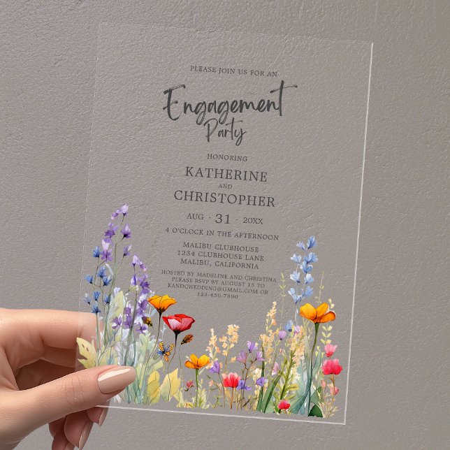 Lebhafte Wildblume Engagement Party Elegant Klar Acryleinladungen (Bright Colorful Wildflowers Engagement Party Clear Acrylic Invitation with Gray Text.)