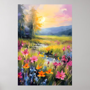 Lebhafte Wildblume Wiese bei Sonnenuntergang Poster